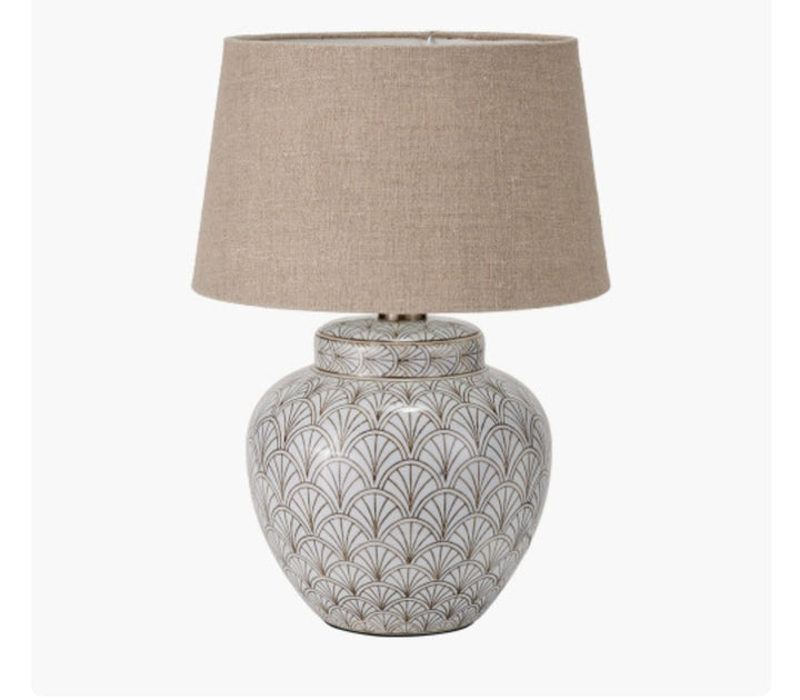 Barbier White Art Deco Fan Ceramic Table Lamp Base with Milos 35cm Natural Linen Tapered Lampshade
