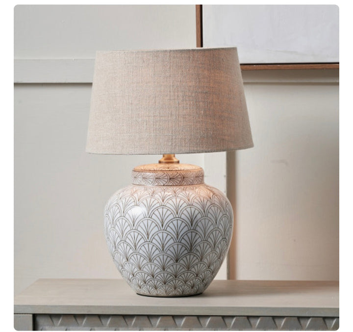 Barbier White Art Deco Fan Ceramic Table Lamp Base with Milos 35cm Natural Linen Tapered Lampshade