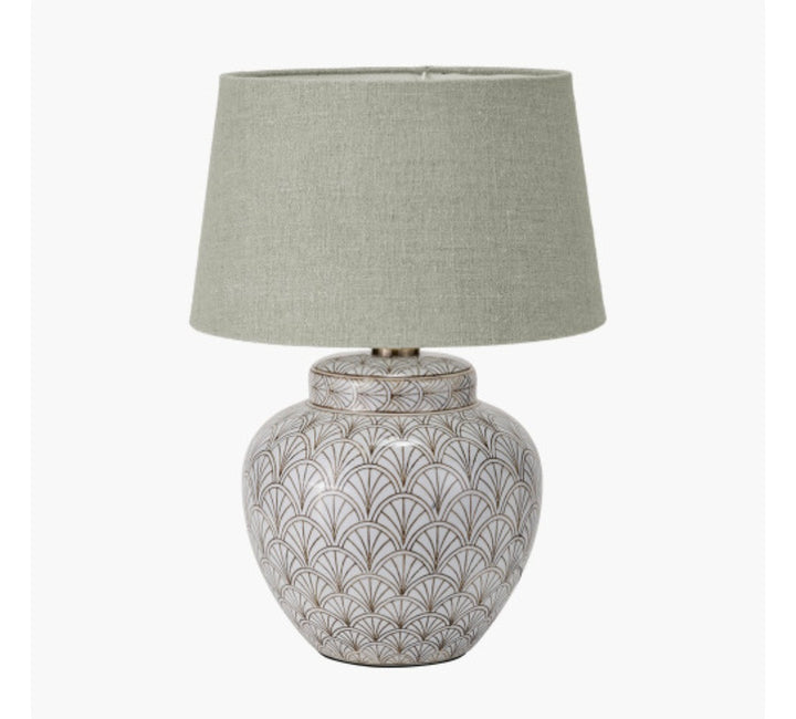 Barbier White Art Deco Fan Ceramic Table Lamp Base with Milos 35cm Pistachio Green Linen Tapered Lampshade