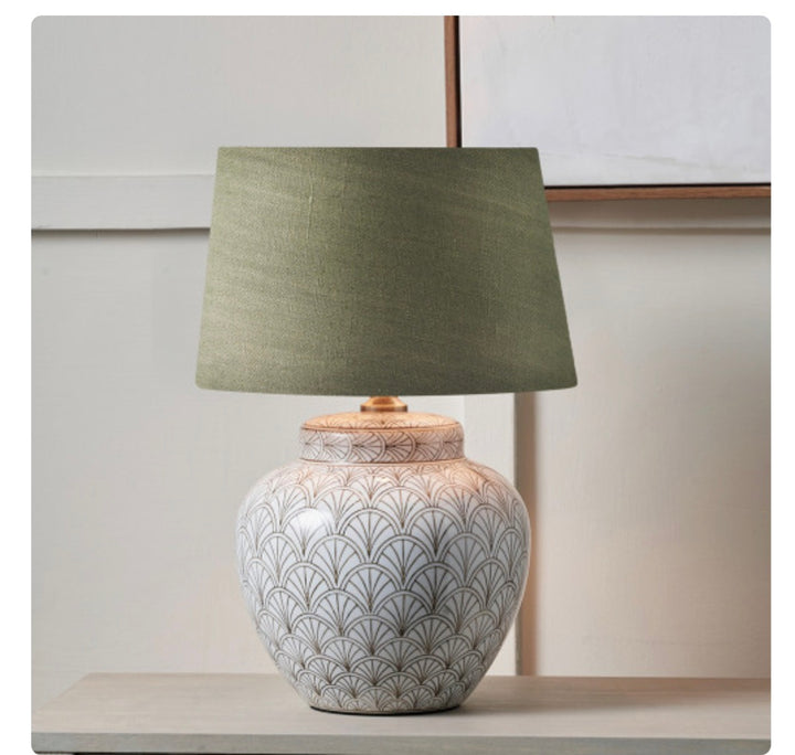 Barbier White Art Deco Fan Ceramic Table Lamp Base with Milos 35cm Pistachio Green Linen Tapered Lampshade