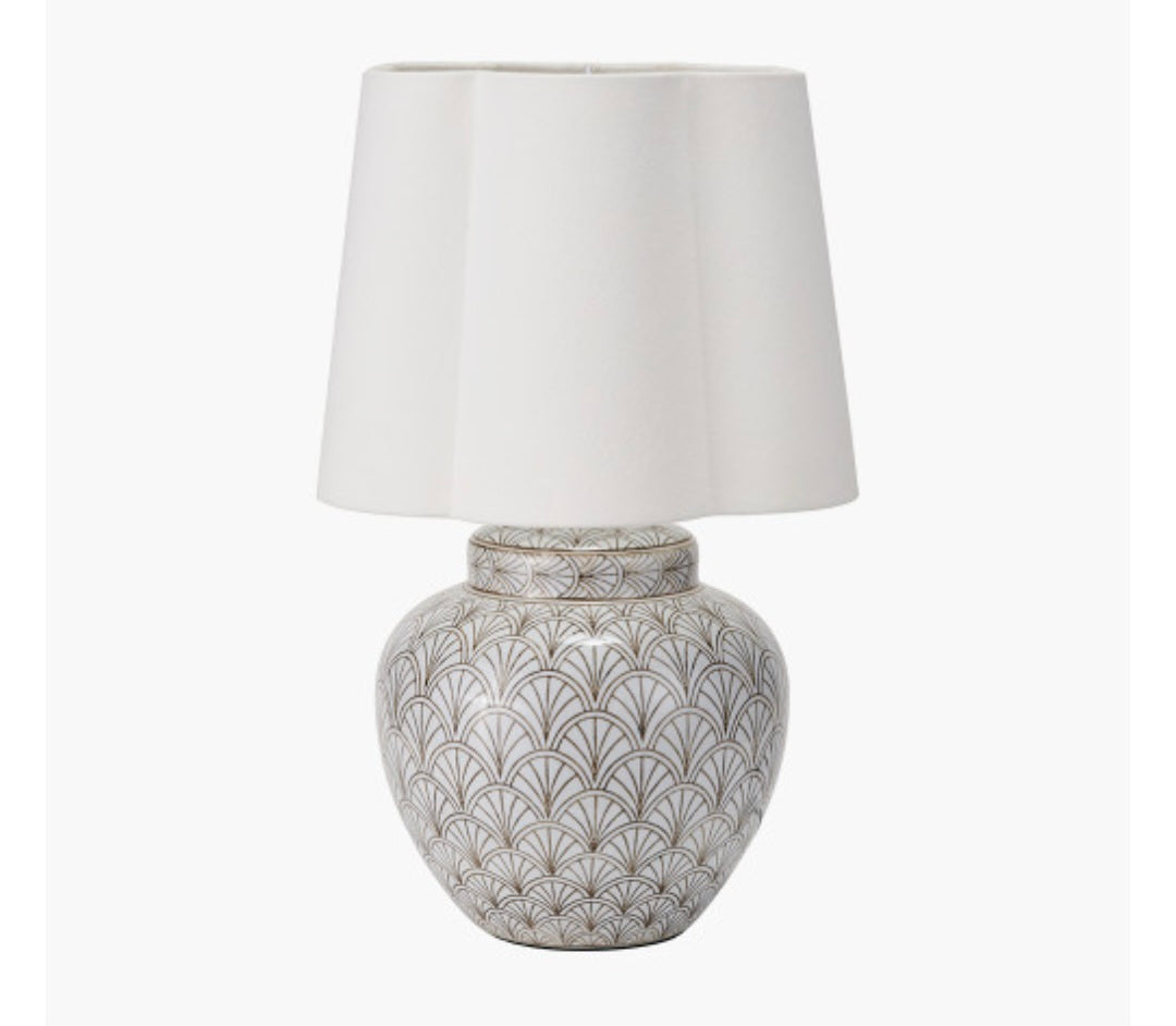 Barbier White Art Deco Fan Ceramic Table Lamp Base with Posy 35cm White Handloom Scalloped Tapered Lampshade