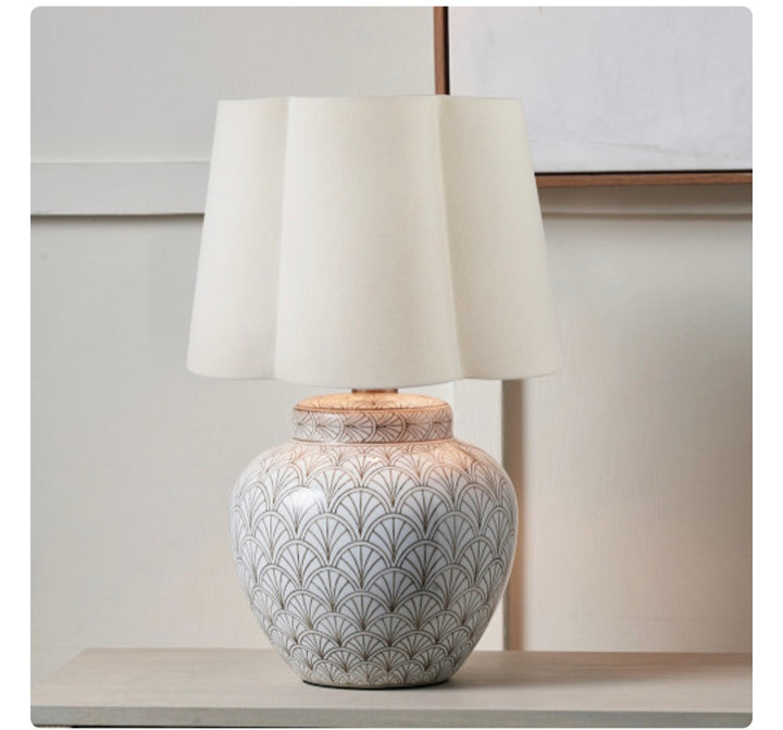 Barbier White Art Deco Fan Ceramic Table Lamp Base with Posy 35cm White Handloom Scalloped Tapered Lampshade