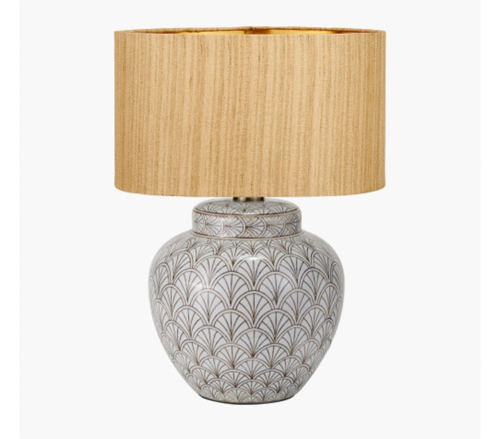 Barbier White Art Deco Fan Ceramic Table Lamp Base with Stellan 35cm Gold Slubbed Silk Mix Gold Lined Cylinder Lampshade