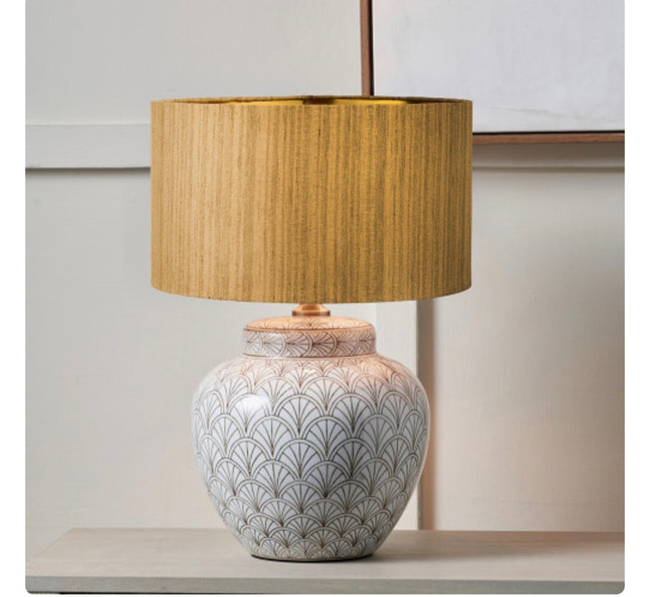 Barbier White Art Deco Fan Ceramic Table Lamp Base with Stellan 35cm Gold Slubbed Silk Mix Gold Lined Cylinder Lampshade