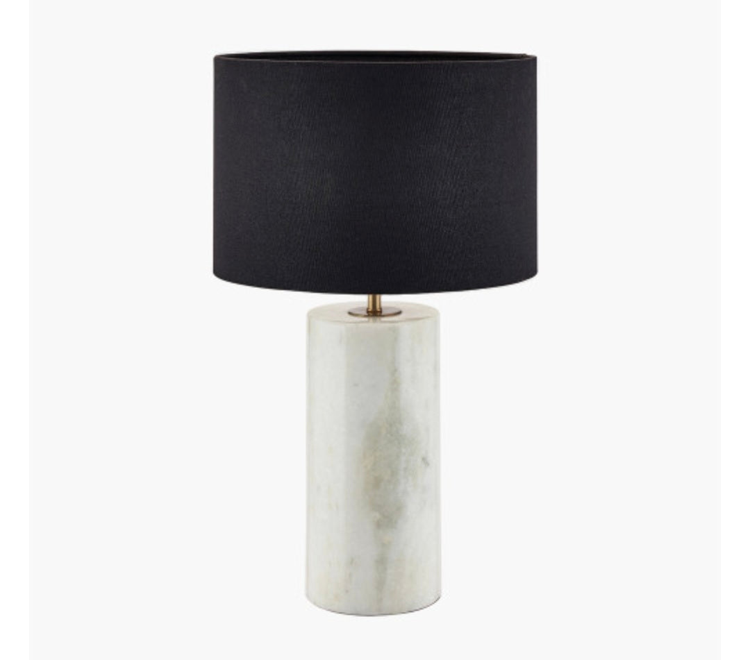 Kiorini White Marble Table Lamp Base with Lino 30cm Black Self Lined Linen Cylinder Lampshade