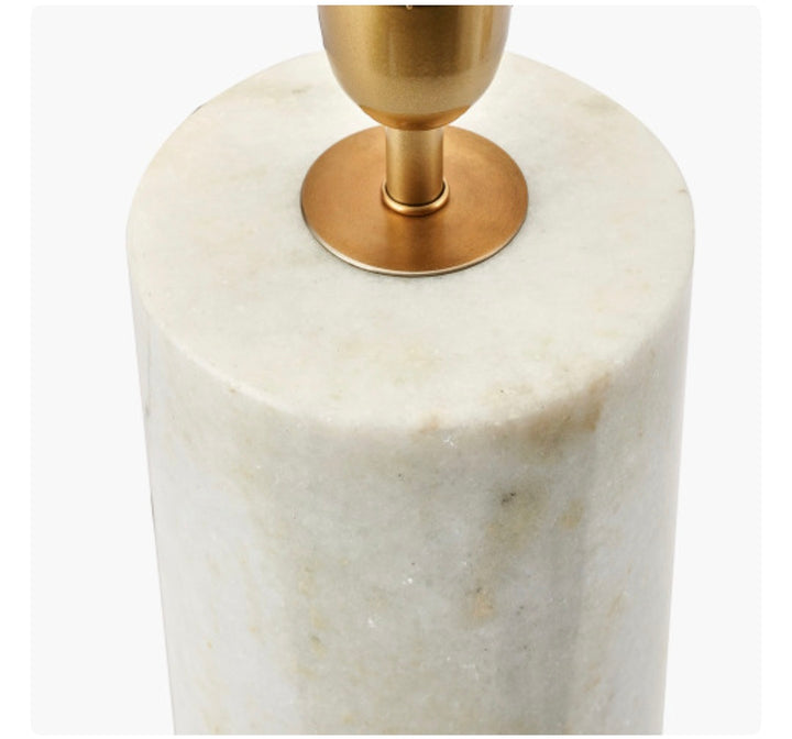 Kiorini White Marble Table Lamp Base with Lino 30cm Black Self Lined Linen Cylinder Lampshade