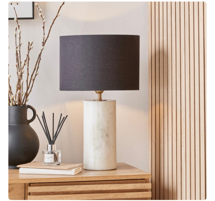 Kiorini White Marble Table Lamp Base with Lino 30cm Black Self Lined Linen Cylinder Lampshade
