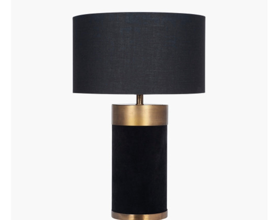 Dempsey Black Velvet and Antique Gold Metal Table Lamp Base with Harry 30cm Black Cotton Mix Cylinder Lampshade