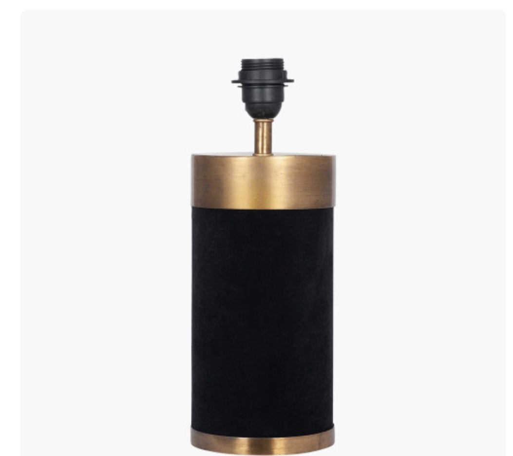 Dempsey Black Velvet and Antique Gold Metal Table Lamp Base with Harry 30cm Black Cotton Mix Cylinder Lampshade