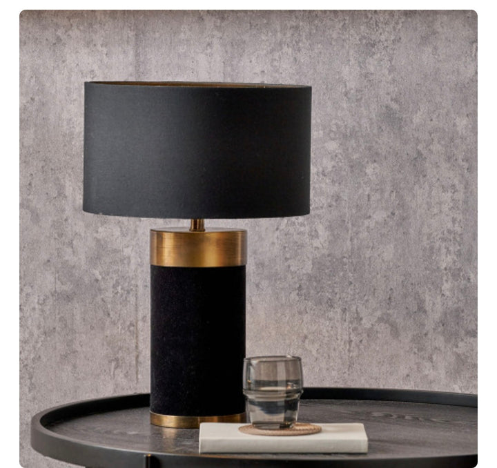 Dempsey Black Velvet and Antique Gold Metal Table Lamp Base with Harry 30cm Black Cotton Mix Cylinder Lampshade