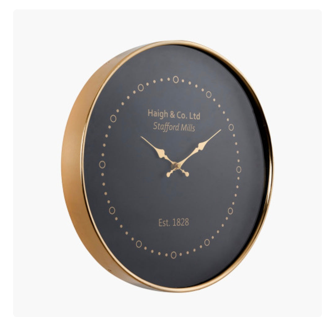 Black Face and Antique Brass Metal Wall Clock