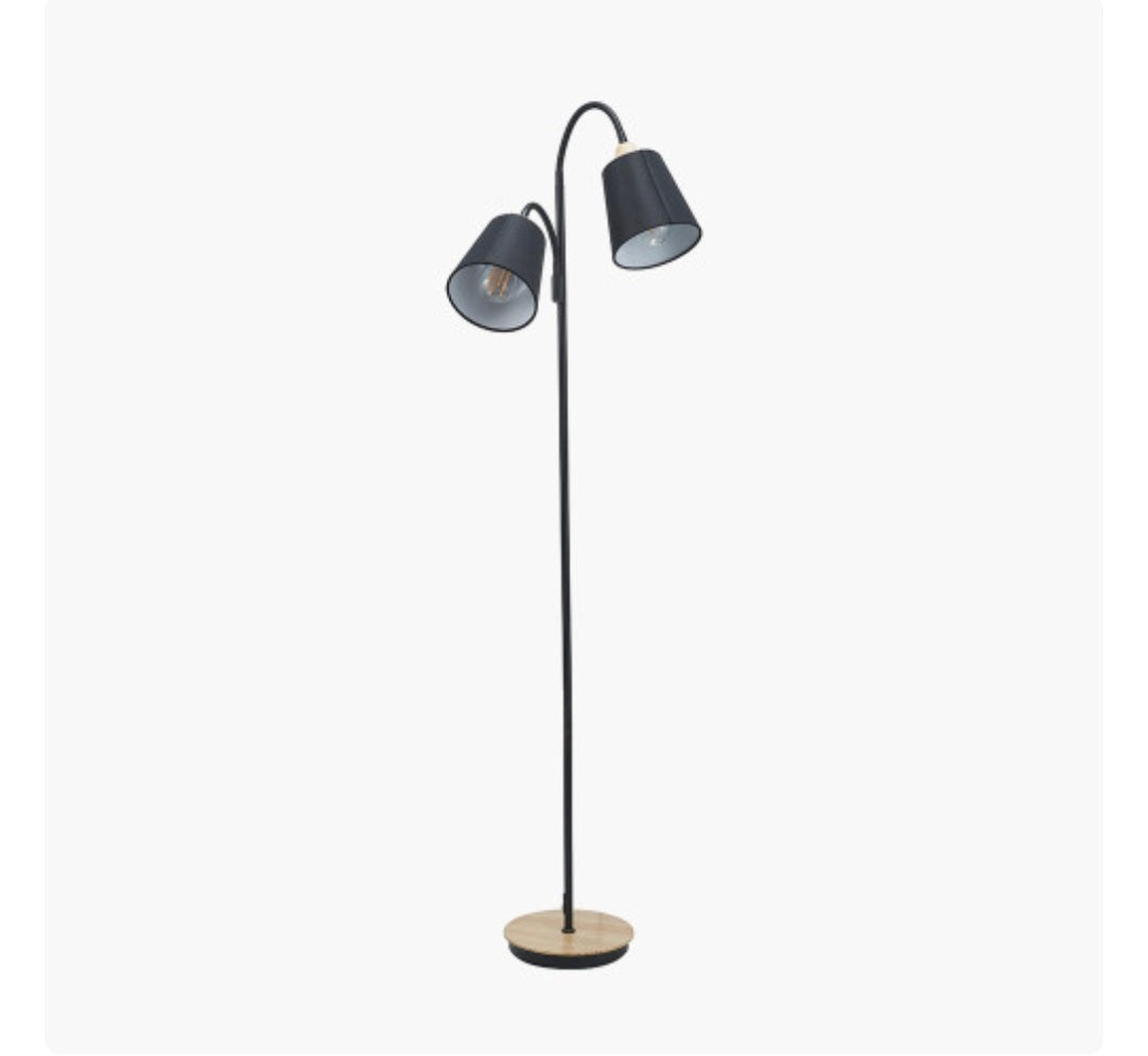 Juna Black Metal and Natural Wood Two Head Floor Lamp