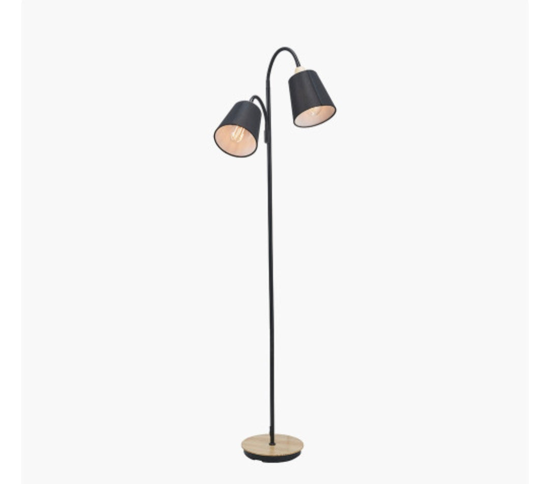 Juna Black Metal and Natural Wood Two Head Floor Lamp