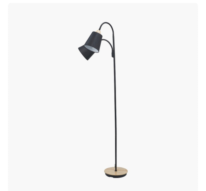 Juna Black Metal and Natural Wood Two Head Floor Lamp