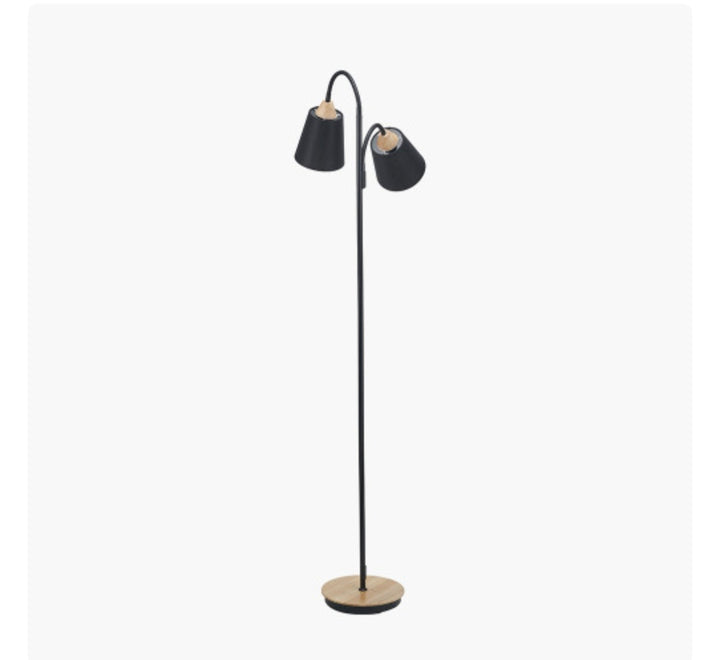 Juna Black Metal and Natural Wood Two Head Floor Lamp