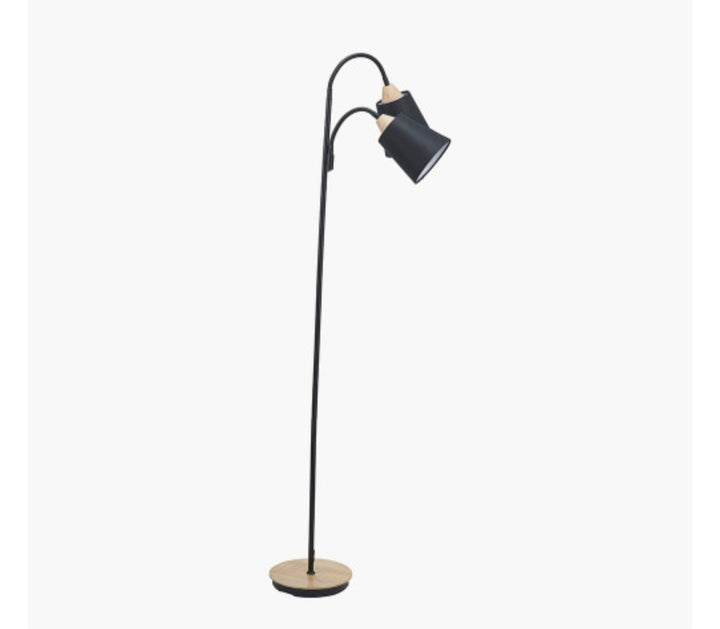 Juna Black Metal and Natural Wood Two Head Floor Lamp