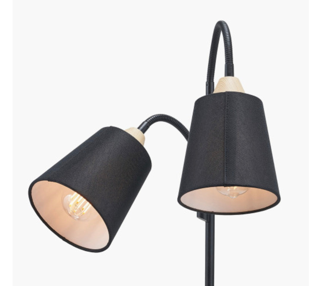 Juna Black Metal and Natural Wood Two Head Floor Lamp