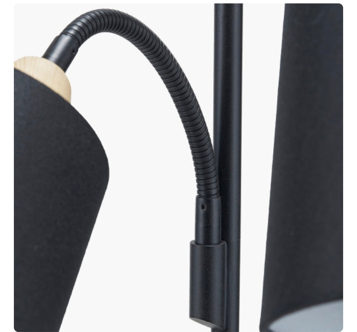 Juna Black Metal and Natural Wood Two Head Floor Lamp