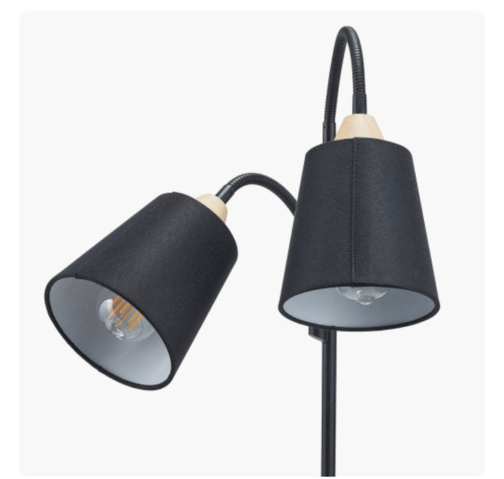 Juna Black Metal and Natural Wood Two Head Floor Lamp
