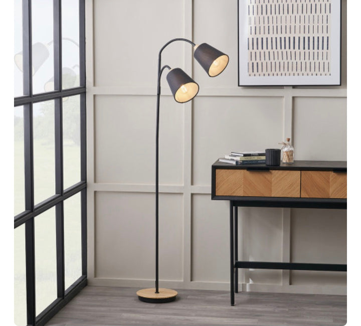 Juna Black Metal and Natural Wood Two Head Floor Lamp