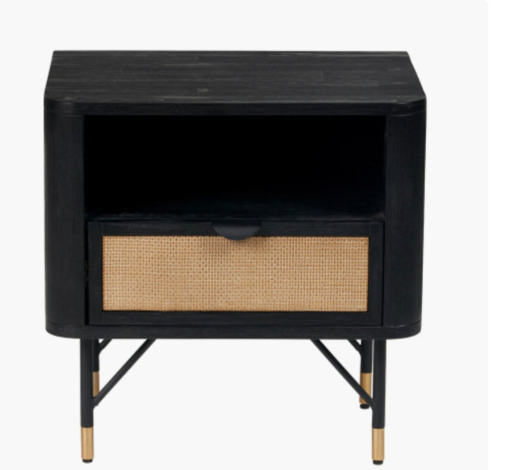 Fiji Black Acacia Wood and Natural Rattan 1 Drawer 1 Shelf Unit