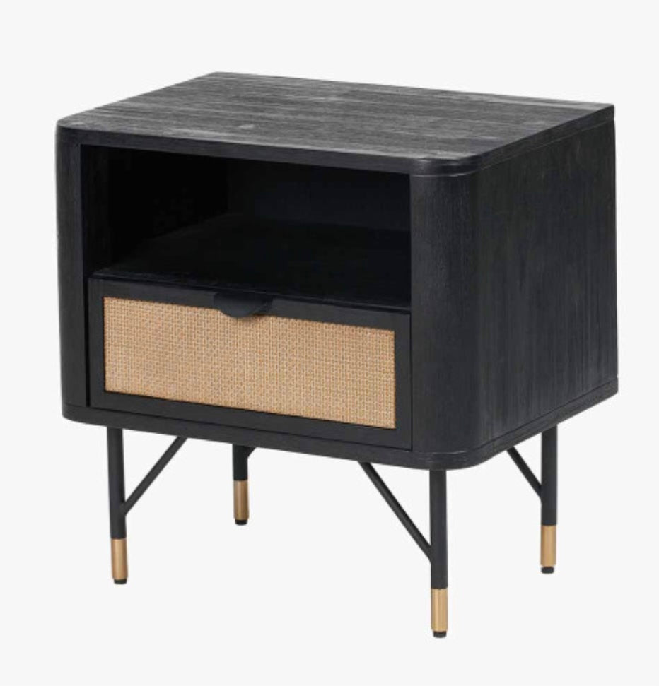Fiji Black Acacia Wood and Natural Rattan 1 Drawer 1 Shelf Unit