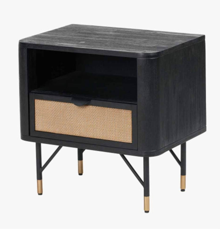 Fiji Black Acacia Wood and Natural Rattan 1 Drawer 1 Shelf Unit