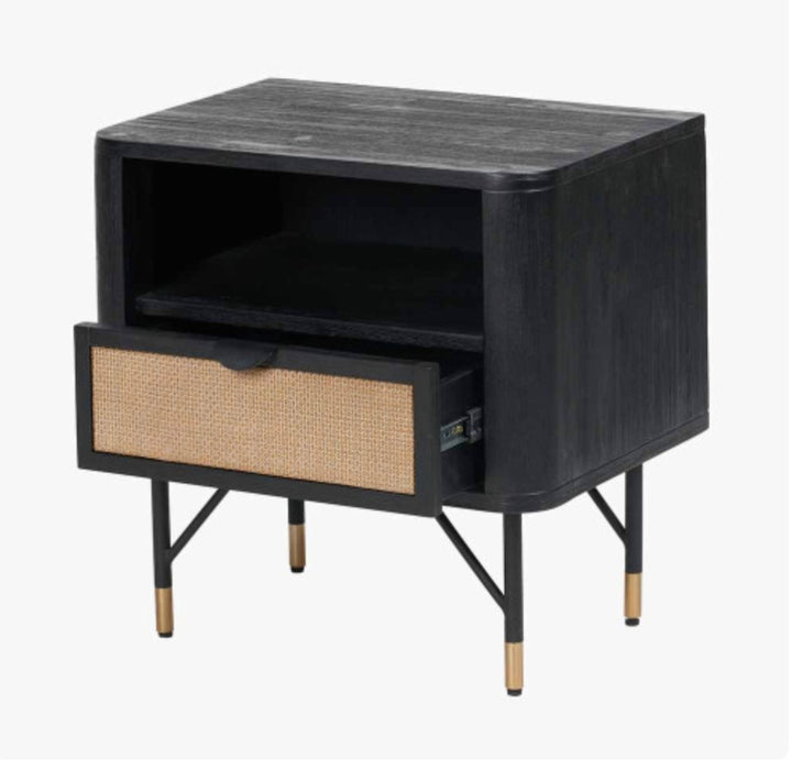 Fiji Black Acacia Wood and Natural Rattan 1 Drawer 1 Shelf Unit
