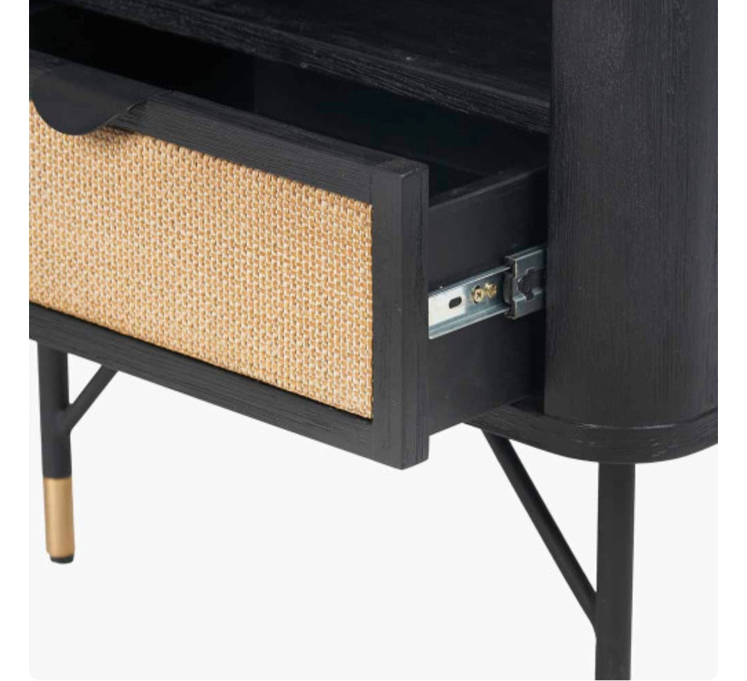 Fiji Black Acacia Wood and Natural Rattan 1 Drawer 1 Shelf Unit