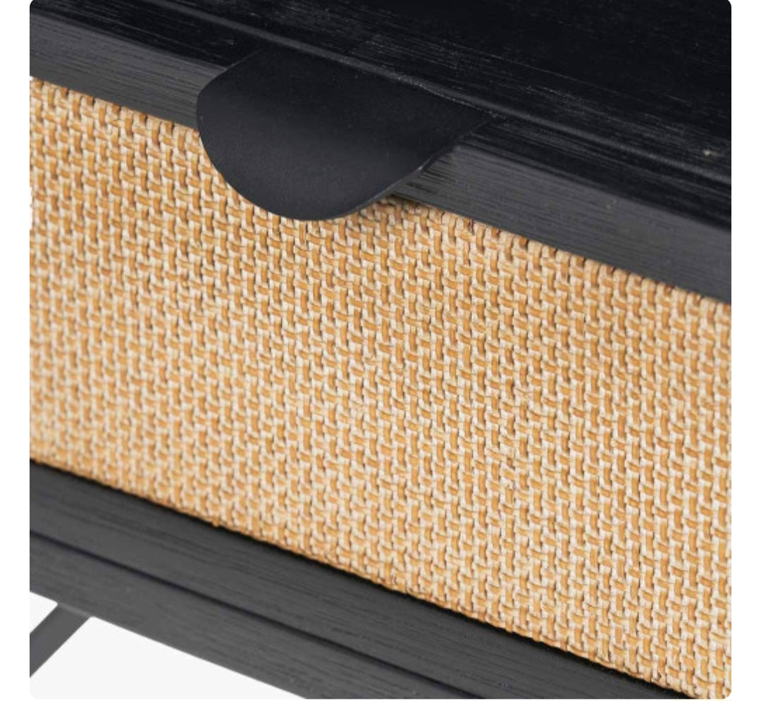 Fiji Black Acacia Wood and Natural Rattan 1 Drawer 1 Shelf Unit