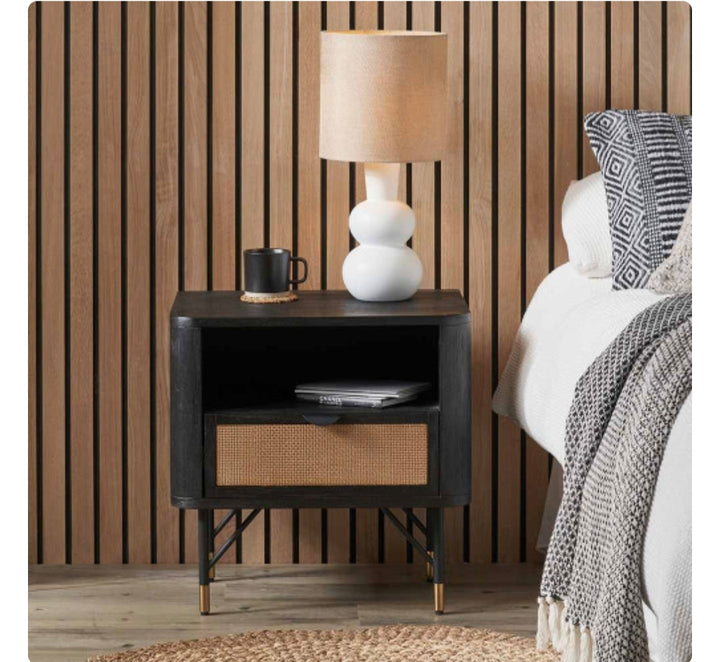 Fiji Black Acacia Wood and Natural Rattan 1 Drawer 1 Shelf Unit