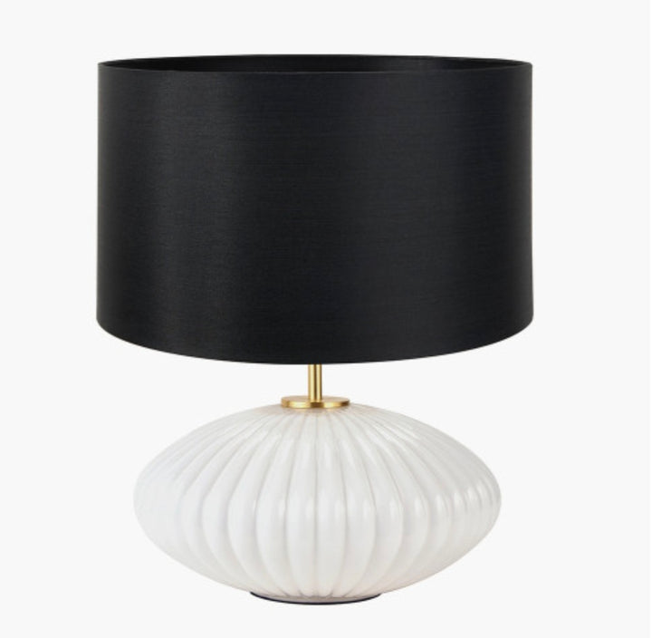 Emilia White Ribbed Glass and Gold Metal Oval Table Lamp Base with Zara 35cm Black Silk Lined Cylinder Lampshade