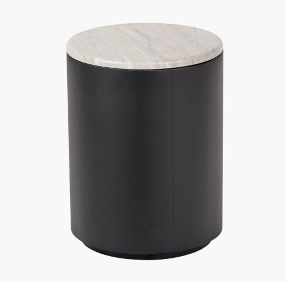 Remy White Marble Effect and Black Metal Storage Side Table