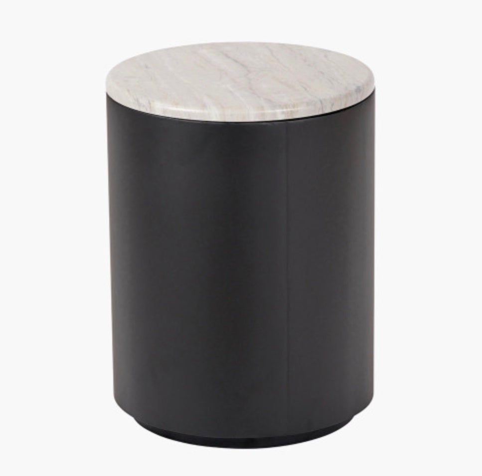 Remy White Marble Effect and Black Metal Storage Side Table