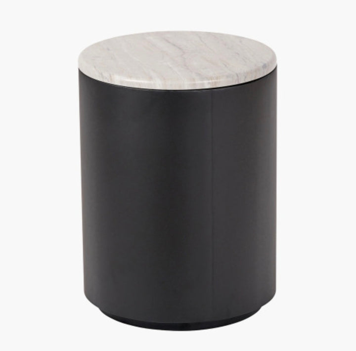 Remy White Marble Effect and Black Metal Storage Side Table