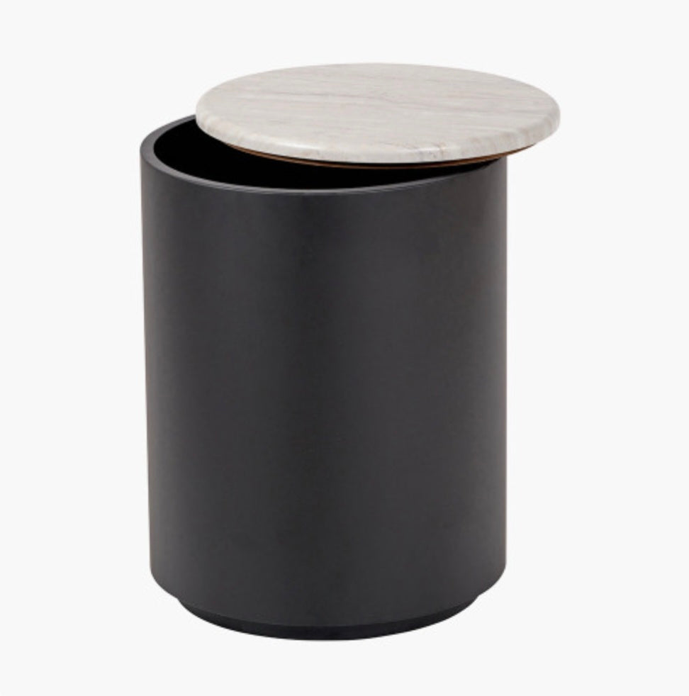 Remy White Marble Effect and Black Metal Storage Side Table