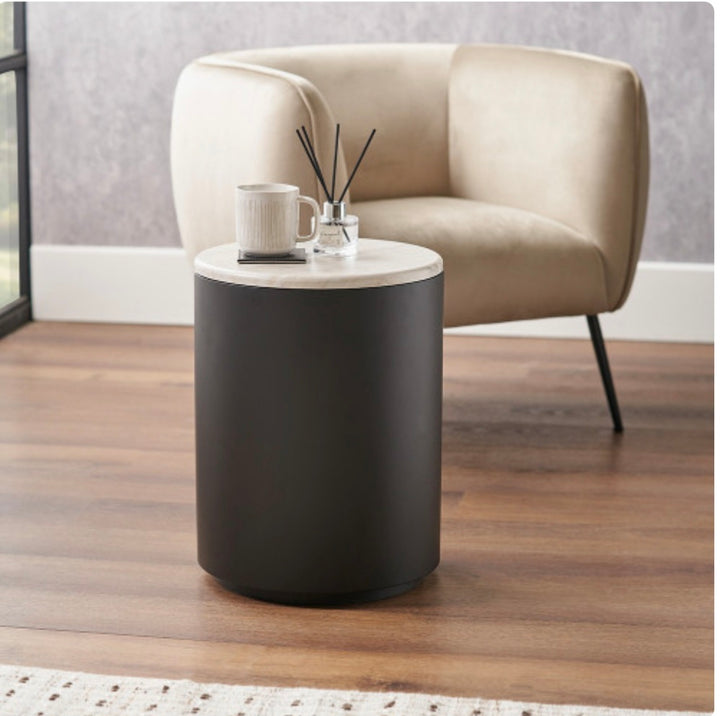 Remy White Marble Effect and Black Metal Storage Side Table