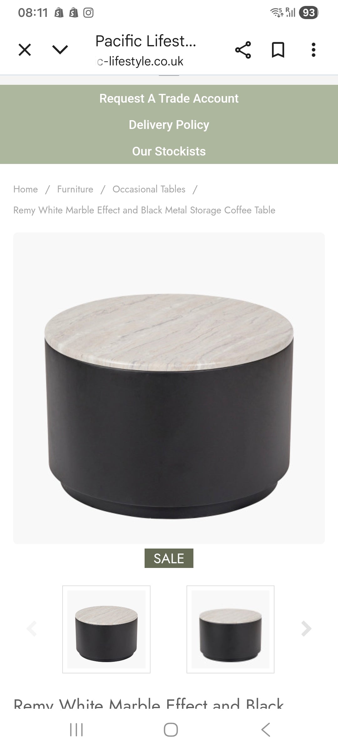 Remy White Marble Effect and Black Metal Storage Coffee Table