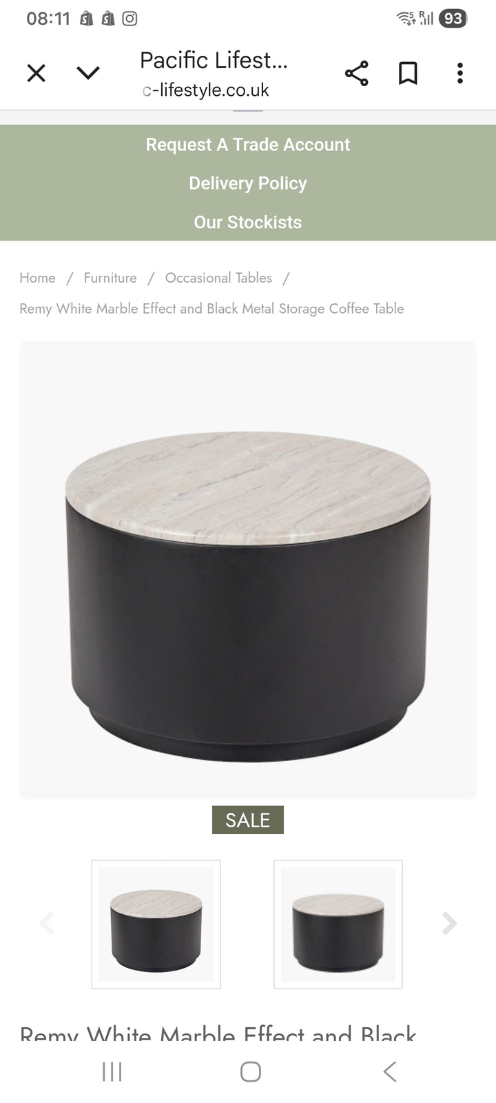Remy White Marble Effect and Black Metal Storage Coffee Table