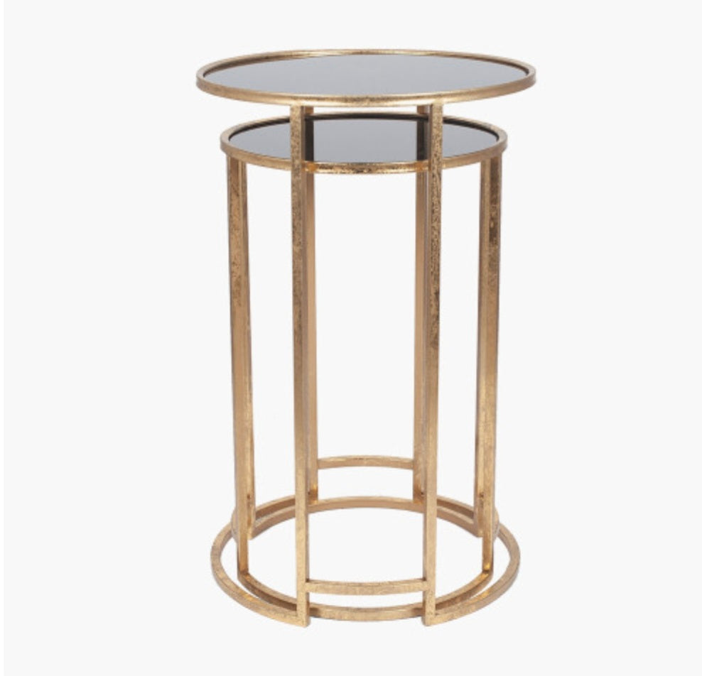 Veneziano S/2 Antique Gold Metal and Black Glass Side Tables