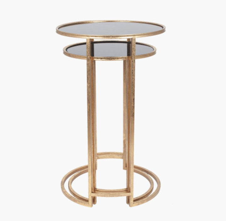 Veneziano S/2 Antique Gold Metal and Black Glass Side Tables