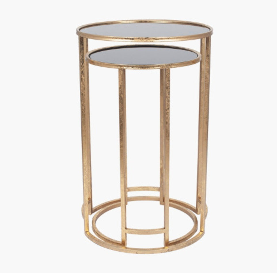 Veneziano S/2 Antique Gold Metal and Black Glass Side Tables