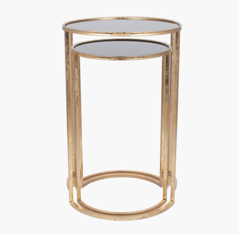 Veneziano S/2 Antique Gold Metal and Black Glass Side Tables