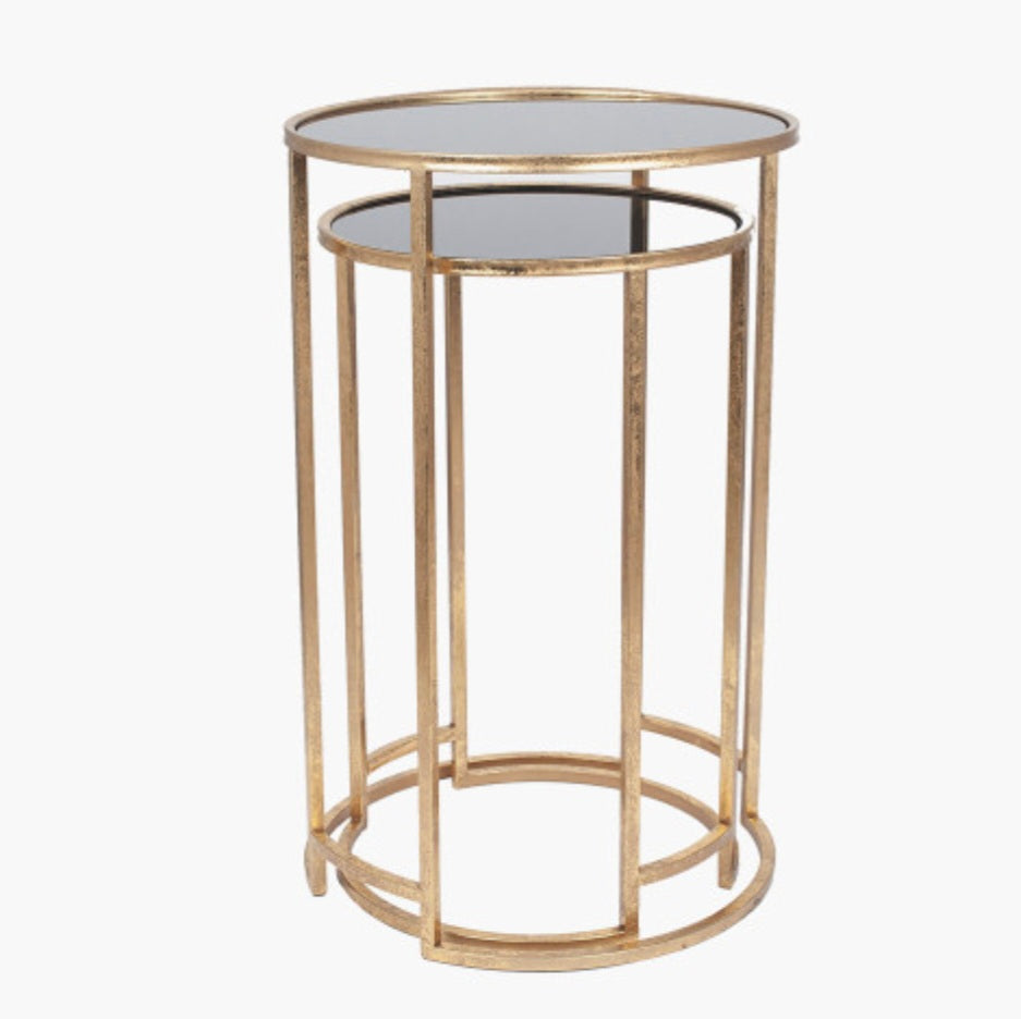 Veneziano S/2 Antique Gold Metal and Black Glass Side Tables