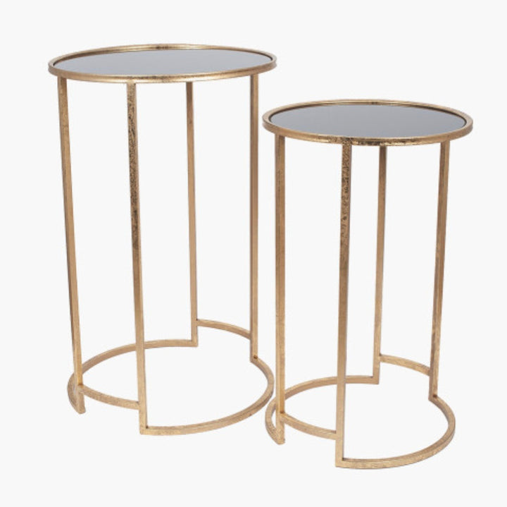 Veneziano S/2 Antique Gold Metal and Black Glass Side Tables