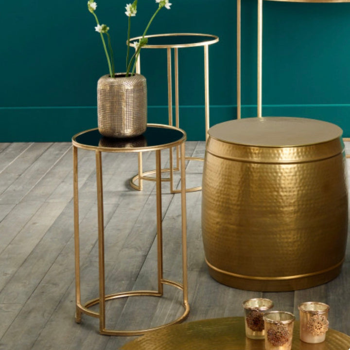Veneziano S/2 Antique Gold Metal and Black Glass Side Tables