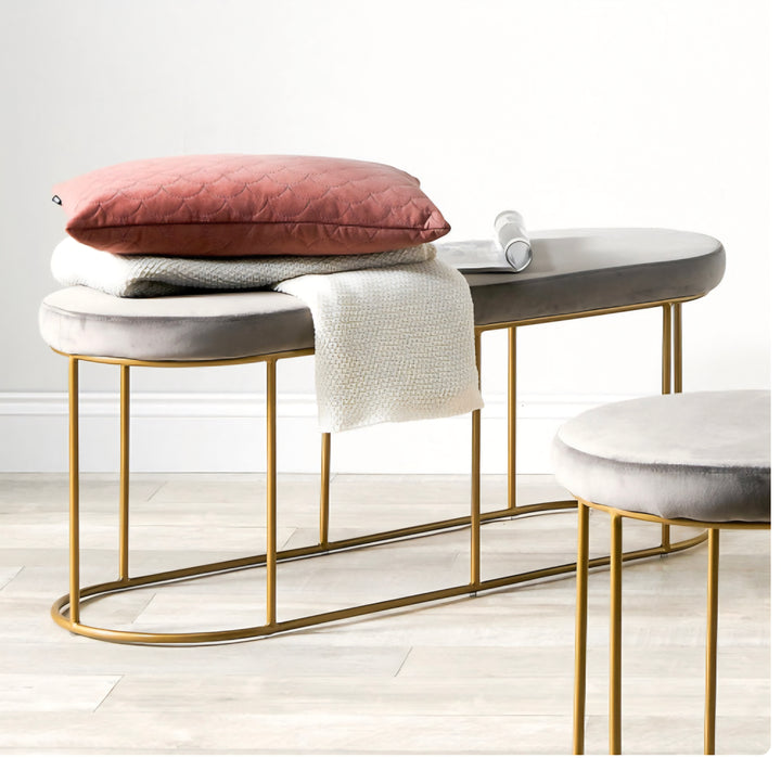 Nino Dove Grey Velvet and Gold Metal Bench