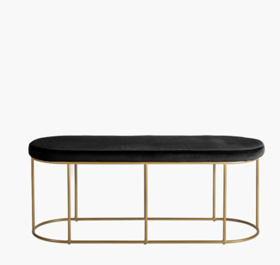 Nino Black Velvet and Gold Metal Bench