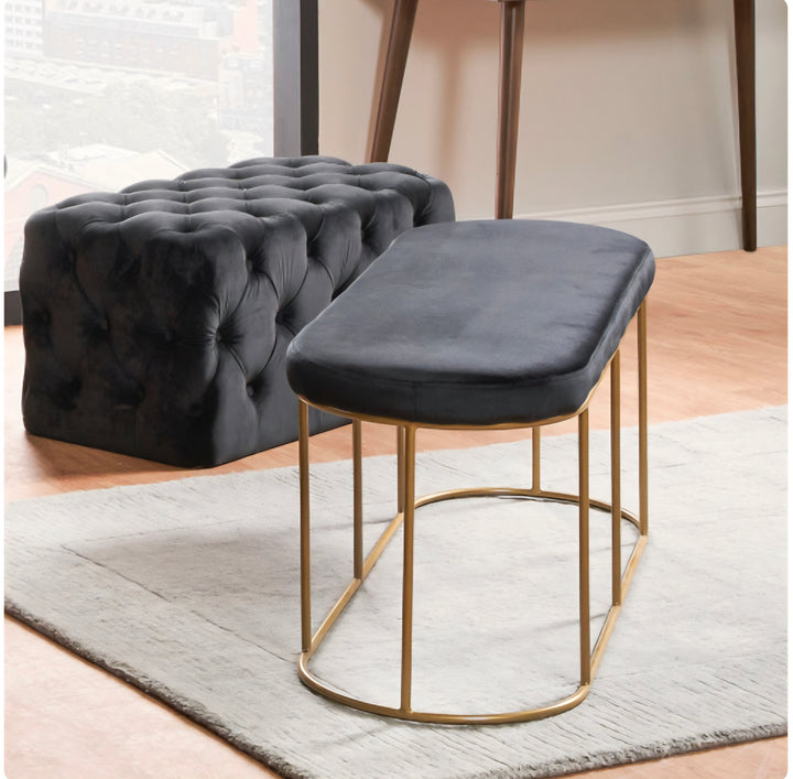 Nino Black Velvet and Gold Metal Bench