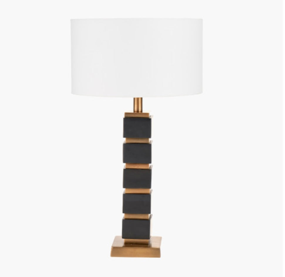 Maximo Matt Black and Antique Brass Cube Design Table Lamp Base with Harry 35cm Ivory Cotton Mix Cylinder Lampshade